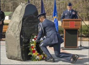 Airmen, family, friends and former members of the 203rd Rapid Engineer Deployable Heavy Operational Repair Squadron Engineers gather for a memorial ceremony March 3, 2021, in Virginia Beach, Virginia.