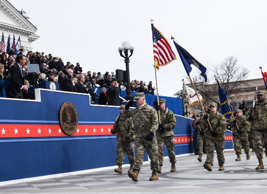 Brig. Gen. K. Weedon Gallagher and Command Sgt. Maj. Ronald Smith lead the marching formation