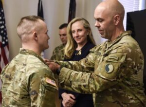 Soldiers assigned to the Blackstone-based Detachment, Delta Company, 229th Brigade Engineer Battalion receive the Governor’s National Service Medal Jan. 21, 2023, at Fort Pickett, Virginia.