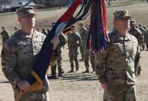 Col. Jared D. Lake and Command Sgt. Maj. Duane D. Wolfe take charge as the new command team for the Staunton-based 116th Infantry Brigade Combat Team from Col. Christopher J. Samulski and Command Sgt. Maj. Irving N. Reed Jr. March 5, 2023, in Staunton, Virginia.