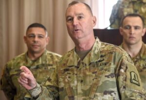 Brig. Gen. James W. Ring speaks to a group of Soldiers during a Governor’s National Service Medial presentation Feb. 5, 2023, in Williamsburg, Virginia. Governor Glenn Youngkin has appointed Ring to serve as the 29th Adjutant General of Virginia.