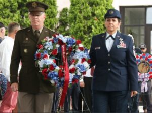 Maj. Gen. Timothy P. Williams and Command Chief Master Sergeant Kelly B. Reich lay a wreath at the Shrine of Memory May 29, 2023, at the Virginia War Memorial in Richmond, Virginia.