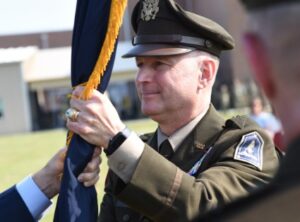 Brig. Gen. James W. Ring takes command of the Virginia National Guard as the Adjutant General of Virginia from Maj. Gen. Timothy P. Williams and is promoted to major general during a ceremony June 3, 2023, in Richmond, Virginia.