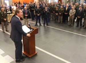 Virginia Governor Glenn Youngkin commends the Virginia National Guard for the organization’s service to commonwealth and country at a reception Jan. 17, 2024, hosted by the Virginia National Guard Association in Richmond, Virginia.