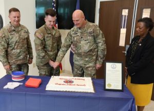 The Virginia National Guard celebrates its 418th birthday May 14, 2025, with a ceremonial cake cutting at the Sergeant Bob Slaughter Headquarters at Defense Supply Center Richmond, Virginia.