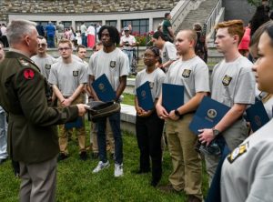 Col. James C. Shaver, the Virginia National Guard's G1 deputy chief of staff for personnel, addresses 22 of the VNG's newest recruits following Military Signing Day, held May 16, 2025, at the Virginia War Memorial in Richmond, Virginia.
