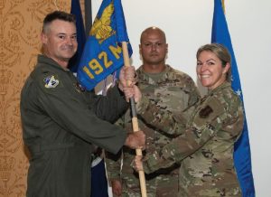 Lt. Col. Jessica M. Gambone takes command of the Virginia Air National Guard’s 192nd Mission Support Group, 192nd Wing from Col. Manaal I. Burge during a ceremony Oct. 18, 2025, at Joint Base Langley-Eustis in Hampton, Virginia.