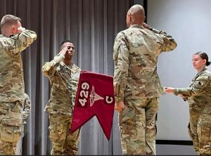 The Virginia National Guard’s Danville-based 429th Light Support Battalion conducts a casing of the colors ceremony for Alpha, Bravo and Charlie Companies Nov. 14, 2025, at Fort Pickett, Virginia.