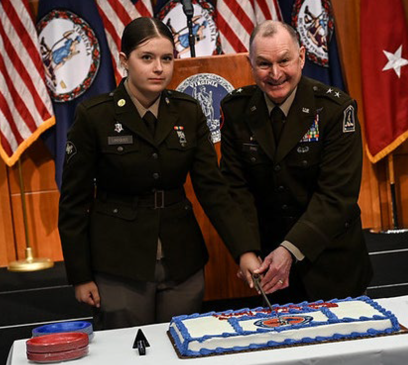 Maj. Gen. James W. Ring, the Adjutant General of Virginia, and Spc.Hope Lindquist, the youngest Soldier in attendance, ceremonially
cut a cake to celebrate the Virginia National Guard’s 419th birthday May 14, 2026, in Richmond, Virginia.