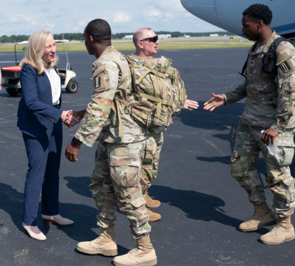 Virginia Gov. Abigail Spanberger and Maj. Gen. James W. Ring, the Adjutant General of Virginia, greet Soldiers assigned to the 229th Military Police Company as they arrive back in Virginia June 19,2026, after their year-long mobilization to U.S. Central Command.